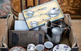 Box of Miscellaneous Items, to include flatware, pewter, tea cups and saucers,