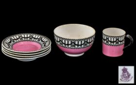 Royal Worcester Coffee Can, four saucers, and sugar bowl. All in pink with bands of black and