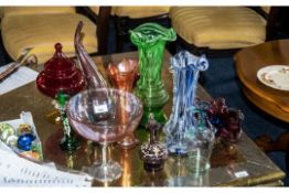 Collection of Coloured Glass, including a 9'' tall pink glass bowl on a pedestal, Victorian glass