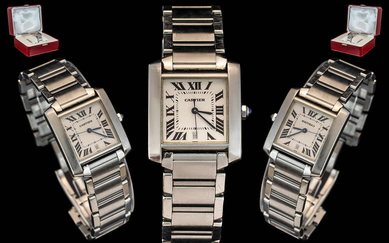 Cartier - Gents Tank Francaise Large Size Automatic Brushed Steel Wrist Watch.