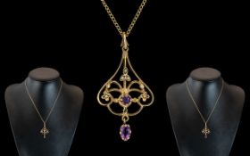 Victorian Period 1902 - 1910 Attractive 9ct Gold Amethyst and Pearl Open worked Pendant of Excellent