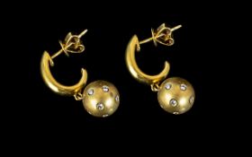 Pair of 18ct Gold Diamond Earrings, bauble drop set with round brilliant cut diamonds.