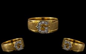 Antique Period - 18ct Gold Diamond Set Buckle Ring with Diamond Set Letter G To Centre.