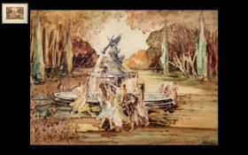 Early 20th Century Watercolour Nymphs Dancing Round a Fountain and Statue of Pan Watercolour Over