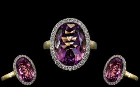 18ct Gold - Superb Quality Large Amethyst and Diamond Set Dress Ring,