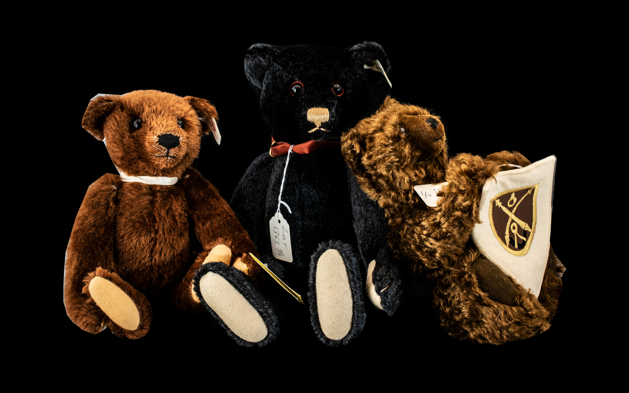 Three Steiff Jointed Teddy Bears, one with medallion Margaret Steiff museum 1999,