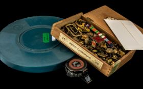 Box of military buttons, badges, rank badges, medal ribbon bar etc.