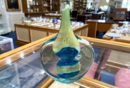 Mdina Vase - A wonderful Maltese blue, yellow + green glass 'cut ice' Lollipop vase, by Mdina,