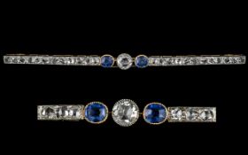 Antique Period 18ct Gold and Platinum Diamond and Sapphire Set Bar Brooch set with 25 old cut
