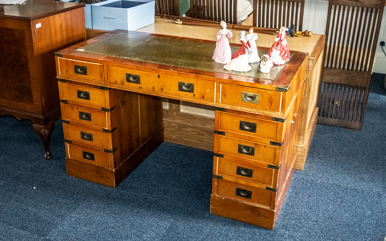 Campaign Style Pedestal Desk, with green leather tooled top, - Image 2 of 2