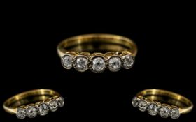 Antique Period - 18ct Gold Attractive 5 Stone Diamond Set Ring. The Five Semi-Cushion Diamonds of