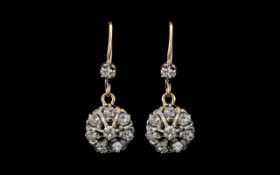 Antique Period 18ct Gold - Diamond Set Pair of Drop Earrings, Flower head Settings.