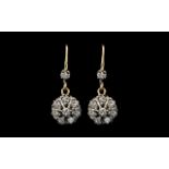 Antique Period 18ct Gold - Diamond Set Pair of Drop Earrings, Flower head Settings.