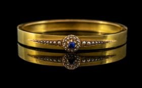 Antique Period Superb 15ct Gold Sapphire and Seed Pearl Set Bangle - Marked 15ct.