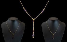 9ct Gold Necklace, Fine Link Chain Set With Five Faceted Amethysts, Fully Hallmarked.