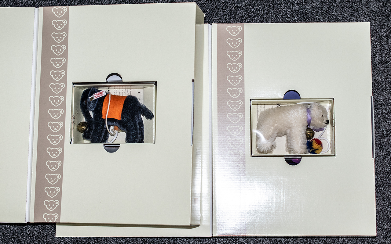 Two Steiff Club Miniatures, comprising Blue Elephant, boxed with certificate, and Polar Bear,