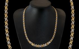 Ladies - Attractive Two Tone 9ct Gold Designer Necklace. Full Hallmark for 9.375, X Design.