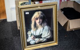 Print of Young Lady Holding Daisies, framed and glazed in gilt decorative frame, measures 21'' x