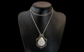 Large Silver Statement Pendant & Chain, pendant set with white opal style stone surrounded by silver