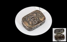 Silver Embossed Pill Box depicting a courting scene, import marks, marked 925 sterling, 2" x 1.5".