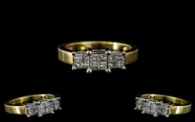 18ct Gold - Attractive Princess Cut Diamond Set Cluster Ring.