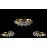 18ct Gold - Attractive Princess Cut Diamond Set Cluster Ring.