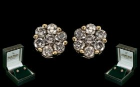 Ladies Pair of Attractive 9ct Gold Diamond Set Stud Earrings ( Petite ) Marked 9ct.