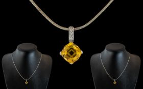 Attractive Sterling Silver and Citrine Set Pendant Necklace superb contemporary necklace, the drop