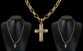 A Heavy 9ct Gold Belcher Chain with Attached 9ct Gold Diamond Set Cross.