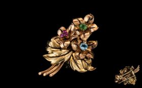 Antique Period 9ct Rose Gold & Platinum Stone Set Floral Bouquet Design Brooch, set with Rubies,