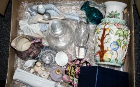 Box of Assorted Porcelain & Glass, including a glass decanter with round stopper, perfume bottle,