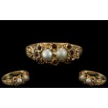Victorian Period - Ladies Petite 9ct Gold Pearl and Ruby Set Ring. Excellent Setting / Design.