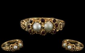 Victorian Period - Ladies Petite 9ct Gold Pearl and Ruby Set Ring. Excellent Setting / Design.