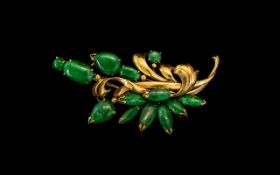 1950's 14ct Gold - Jade Set Brooch In the Form of Flower Bouquet, Marked 14ct.