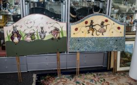 Two Children's Wooden Carved Headboards, one with carved rabbit figures in pale green, cream and