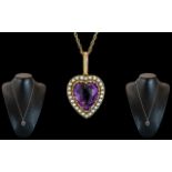 Victorian Period - Attractive 15ct Gold Heart Shaped Faceted Amethyst and Seed Pearl Set Pendant,