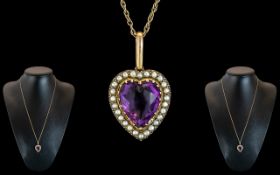 Victorian Period - Attractive 15ct Gold Heart Shaped Faceted Amethyst and Seed Pearl Set Pendant,