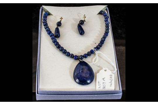 Lapis Lazuli Necklace & Earring Set, comprising a round bead necklace with a drop pendant, and