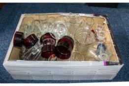 Large Box of Assorted Glassware, including 13 champagne flutes, 6 large and 6 smaller wine glasses,