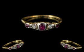 Art Deco Period 18ct Gold Platinum Petite - Ruby and Diamond Set Dress Ring. Not Marked Tests 18ct.