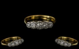 Antique Period 18ct Gold and Platinum - Petite 5 Stone Pave Diamond Set Ring.