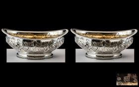 George III Superb Pair of Sterling Silver Boat Shaped Salts with Gilt Interior and Gadrooned
