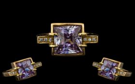 Ladies - Superb Quality Bespoke Faceted Amethyst and Diamond Set Dress Ring.