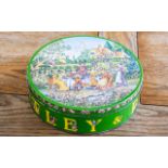 Huntley & Palmer Biscuit Tin 'Rude', decorated with a tea party and cottage.