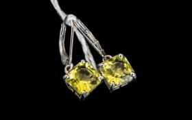 Lime Gold Quartz Drop Earrings, octagon cut solitaires of the brightly sparkling lime/ lemon