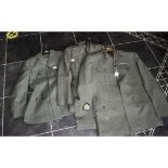 Three Royal Marine Formal Army Green Uniforms, comprising formal jacket and trousers, with metal