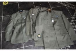 Three Royal Marine Formal Army Green Uniforms, comprising formal jacket and trousers, with metal