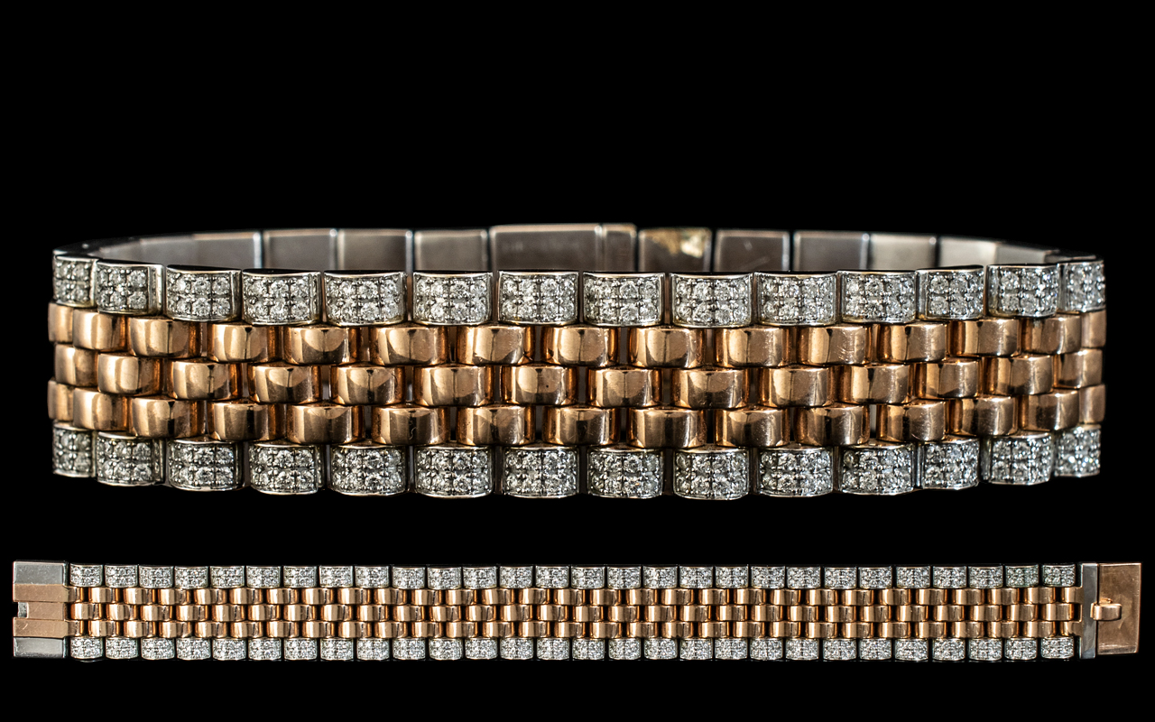 A Superb 14ct Gold - Top Quality and Heavy Diamond Set Bracelet In the President Style, Set with 3.