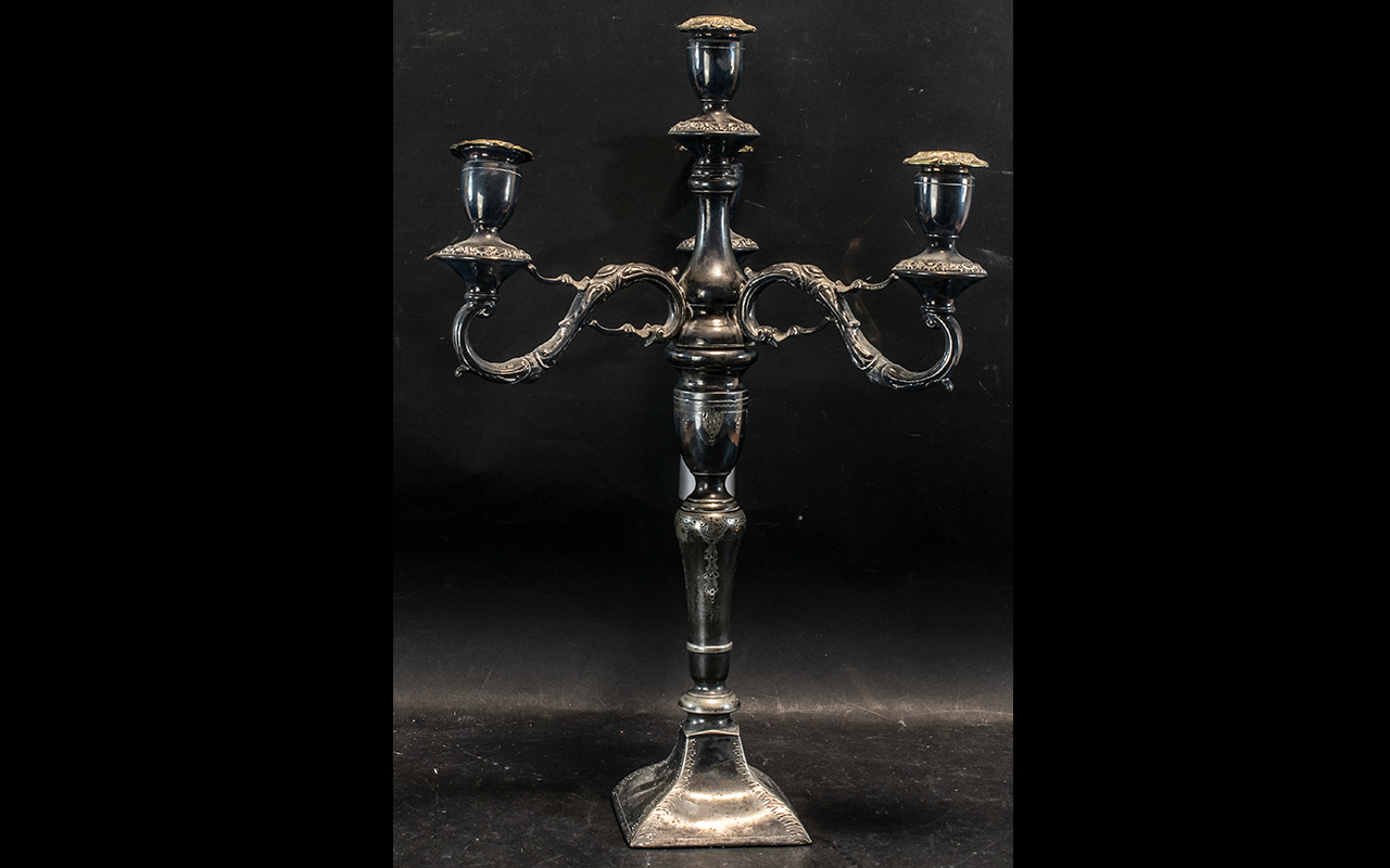 19th Century Soft Metal Three Branch Four Light Candelabrum. Height 21 inches.