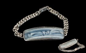 Unusual Solid Silver Bracelet with Chinese Hand Painted Plaque Insert to Centre,